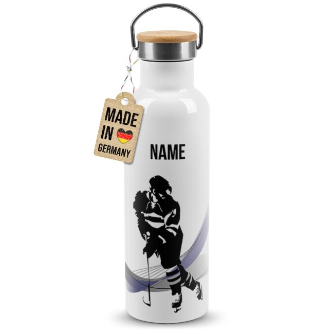 Trinkflasche mit Bambusdeckel - Eishockey Silhouette - mit Name - Wei&szlig;