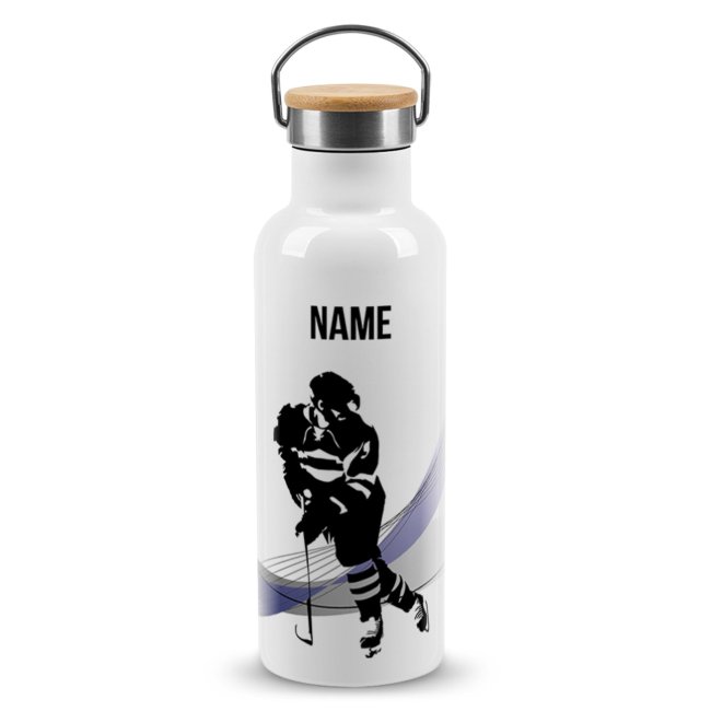 Trinkflasche mit Bambusdeckel - Eishockey Silhouette - mit Name - Wei&szlig; 500 ml