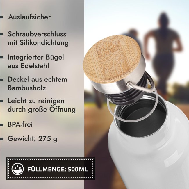 Trinkflasche mit Bambusdeckel - Eishockey Silhouette - mit Name - Wei&szlig; 500 ml