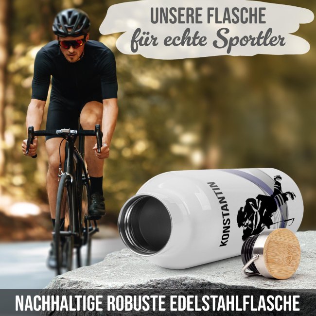 Trinkflasche mit Bambusdeckel - Eishockey Silhouette - mit Name - Wei&szlig; 500 ml