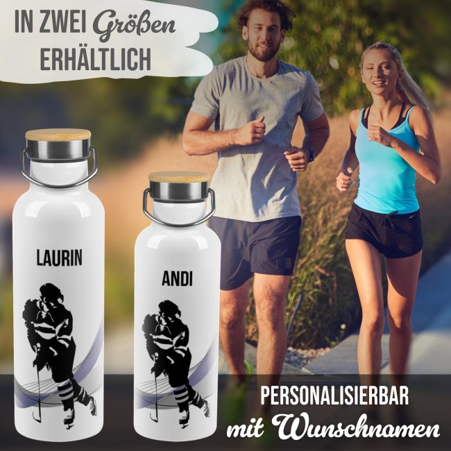 Trinkflasche mit Bambusdeckel - Eishockey Silhouette - mit Name - Wei&szlig; 500 ml