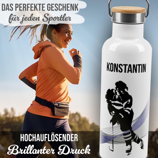 Trinkflasche mit Bambusdeckel - Eishockey Silhouette - mit Name - Wei&szlig; 500 ml