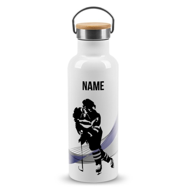 Trinkflasche mit Bambusdeckel - Eishockey Silhouette - mit Name - Wei&szlig; 500 ml
