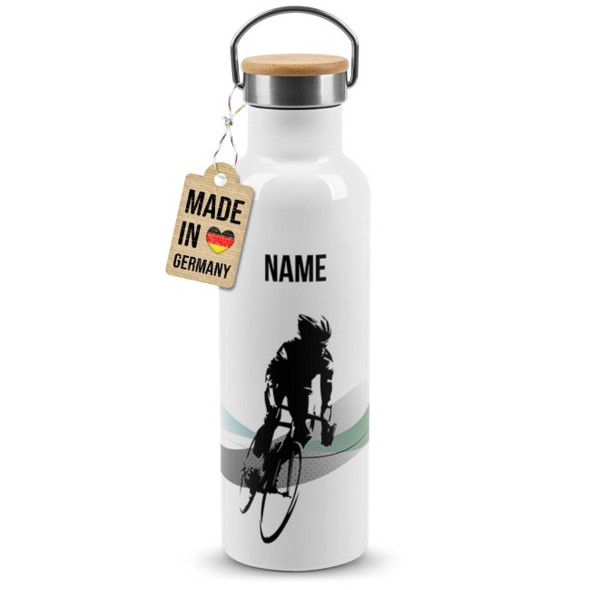 Trinkflasche mit Bambusdeckel - Fahrrad Silhouette Mann - mit Name - Wei&szlig; 750 ml