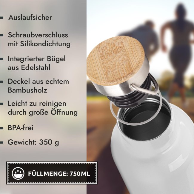 Trinkflasche mit Bambusdeckel - Fahrrad Silhouette Mann - mit Name - Wei&szlig; 750 ml