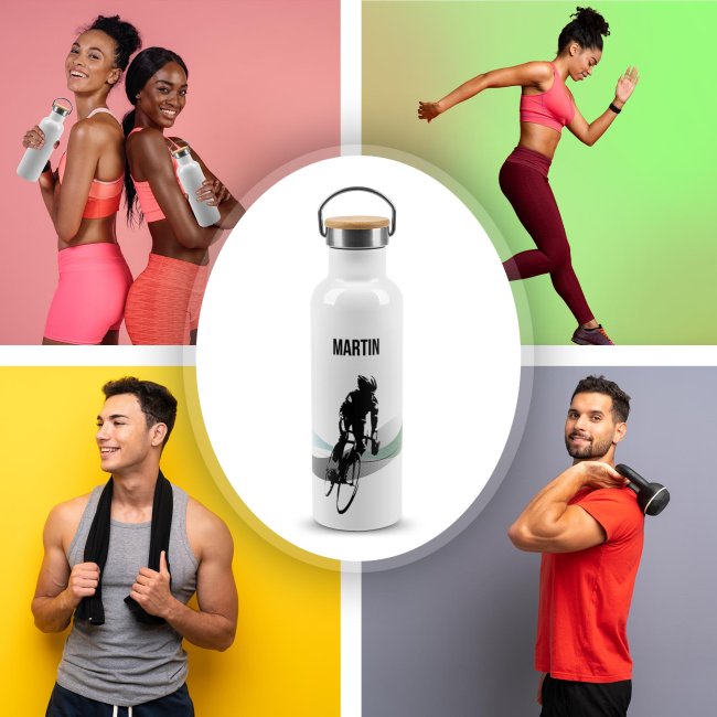 Trinkflasche mit Bambusdeckel - Fahrrad Silhouette Mann - mit Name - Wei&szlig; 750 ml