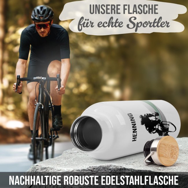 Trinkflasche mit Bambusdeckel - Fahrrad Silhouette Mann - mit Name - Wei&szlig; 750 ml