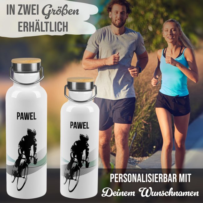 Trinkflasche mit Bambusdeckel - Fahrrad Silhouette Mann - mit Name - Wei&szlig; 750 ml