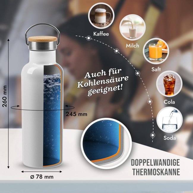 Trinkflasche mit Bambusdeckel - Fahrrad Silhouette Mann - mit Name - Wei&szlig; 750 ml