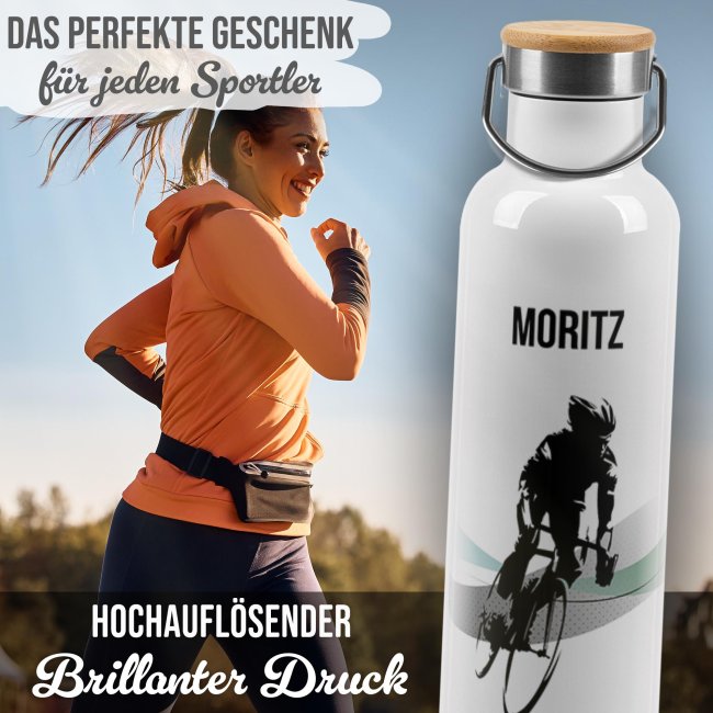 Trinkflasche mit Bambusdeckel - Fahrrad Silhouette Mann - mit Name - Wei&szlig; 750 ml