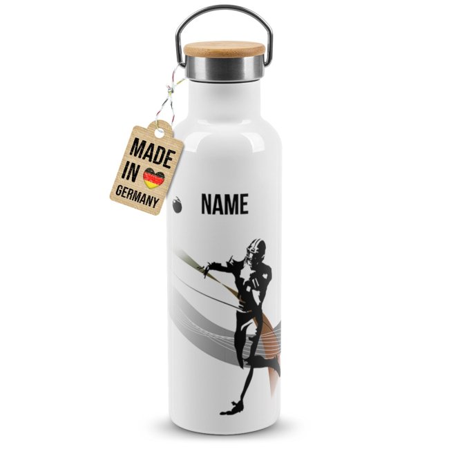 Trinkflasche mit Bambusdeckel - Football Silhouette - mit Name - Wei&szlig;