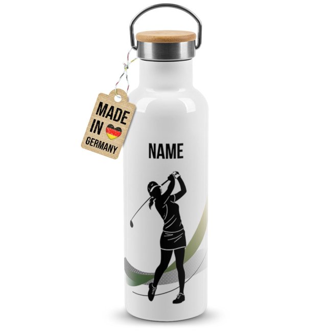 Trinkflasche mit Bambusdeckel - Golf Silhouette Frau - mit Name - Wei&szlig;