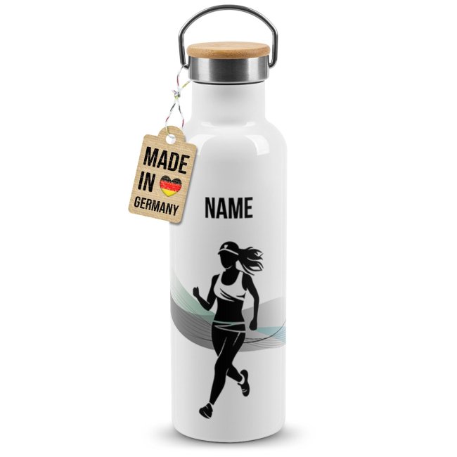 Trinkflasche mit Bambusdeckel - Joggen Silhouette Frau - mit Name - Wei&szlig;