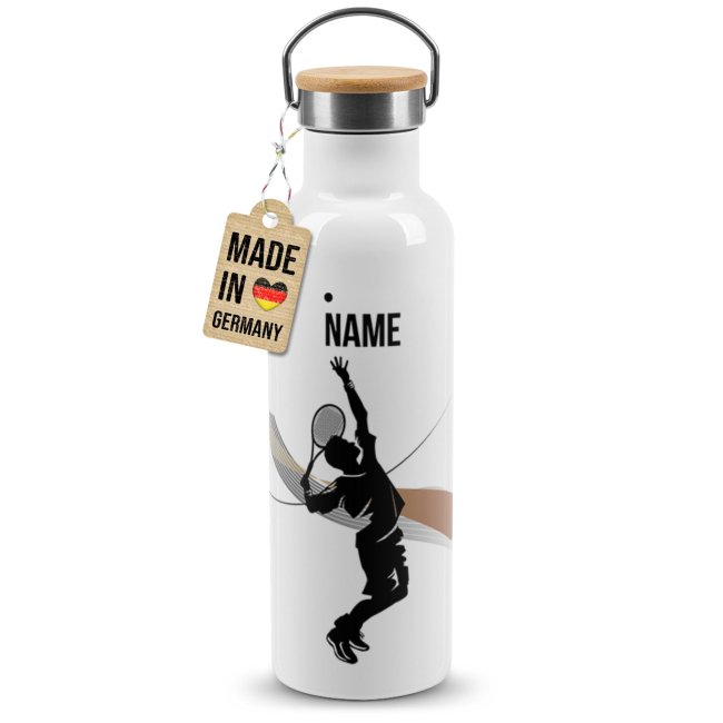 Trinkflasche mit Bambusdeckel - Tennis Silhouette Mann - mit Name - Wei&szlig;