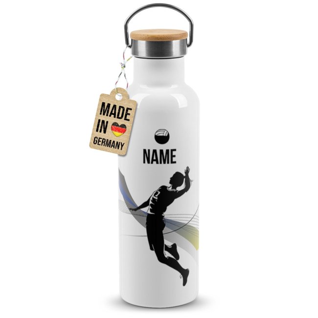 Trinkflasche mit Bambusdeckel - Volleyball Silhouette Frau - mit Name - Wei&szlig; 750 ml