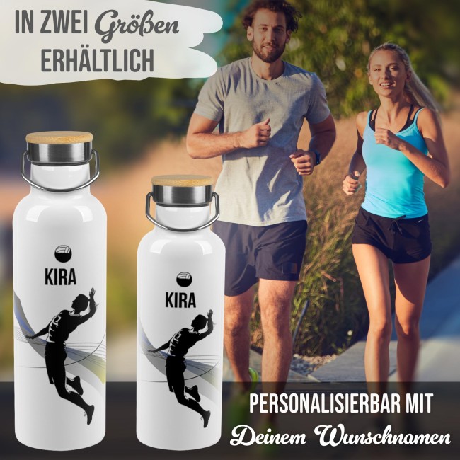 Trinkflasche mit Bambusdeckel - Volleyball Silhouette Frau - mit Name - Wei&szlig; 750 ml