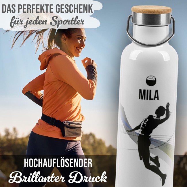 Trinkflasche mit Bambusdeckel - Volleyball Silhouette Frau - mit Name - Wei&szlig; 750 ml