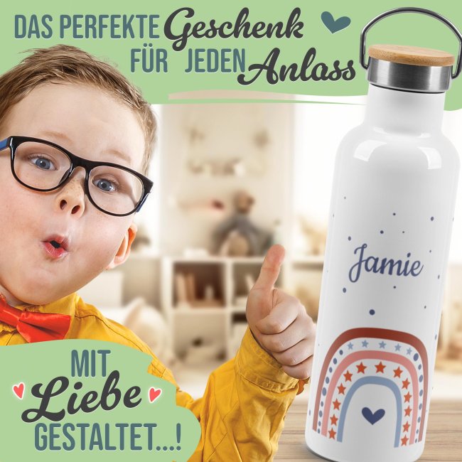 Trinkflasche mit Bambusdeckel - Regenbogen M&auml;dchen - mit Name - Wei&szlig;