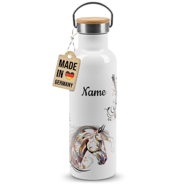 Trinkflasche mit Bambusdeckel - Pferd bunt - mit Name - Wei&szlig; 750 ml
