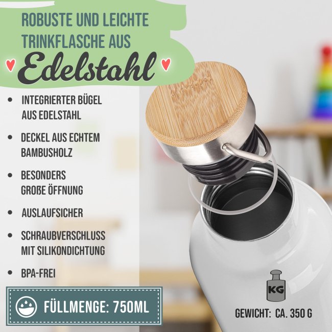 Trinkflasche mit Bambusdeckel - Pferd bunt - mit Name - Wei&szlig; 750 ml