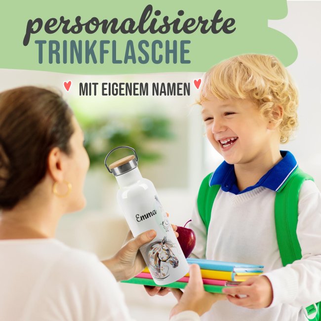 Trinkflasche mit Bambusdeckel - Pferd bunt - mit Name - Wei&szlig; 750 ml
