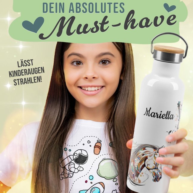 Trinkflasche mit Bambusdeckel - Pferd bunt - mit Name - Wei&szlig; 750 ml