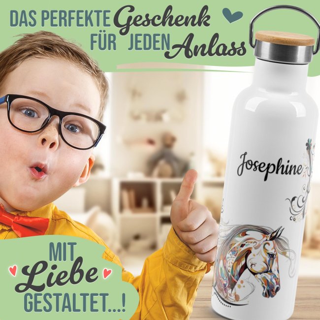Trinkflasche mit Bambusdeckel - Pferd bunt - mit Name - Wei&szlig; 750 ml
