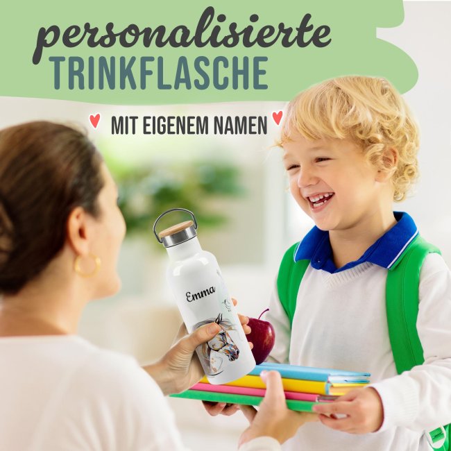 Trinkflasche mit Bambusdeckel - Pferd bunt - mit Name - Wei&szlig; 500 ml