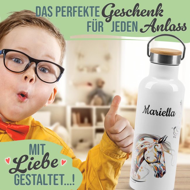Trinkflasche mit Bambusdeckel - Pferd bunt - mit Name - Wei&szlig; 500 ml