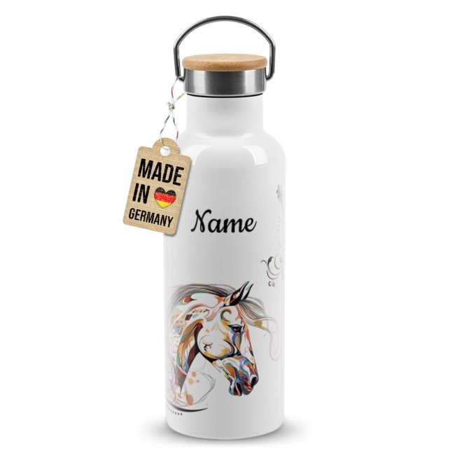 Trinkflasche mit Bambusdeckel - Pferd bunt - mit Name - Wei&szlig; 500 ml