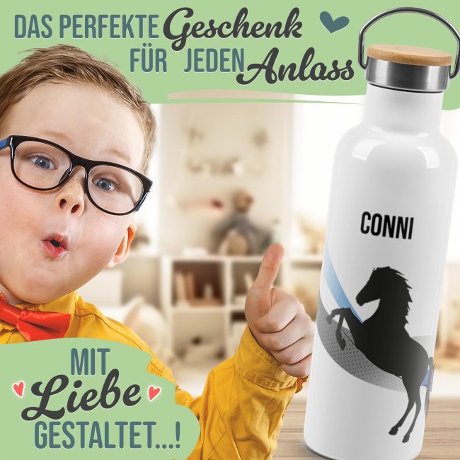 Trinkflasche mit Bambusdeckel - Pferd Silhouette - mit Name - Wei&szlig;