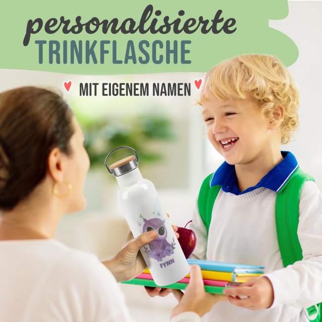 Trinkflasche mit Bambusdeckel - Eule - mit Name - Wei&szlig;