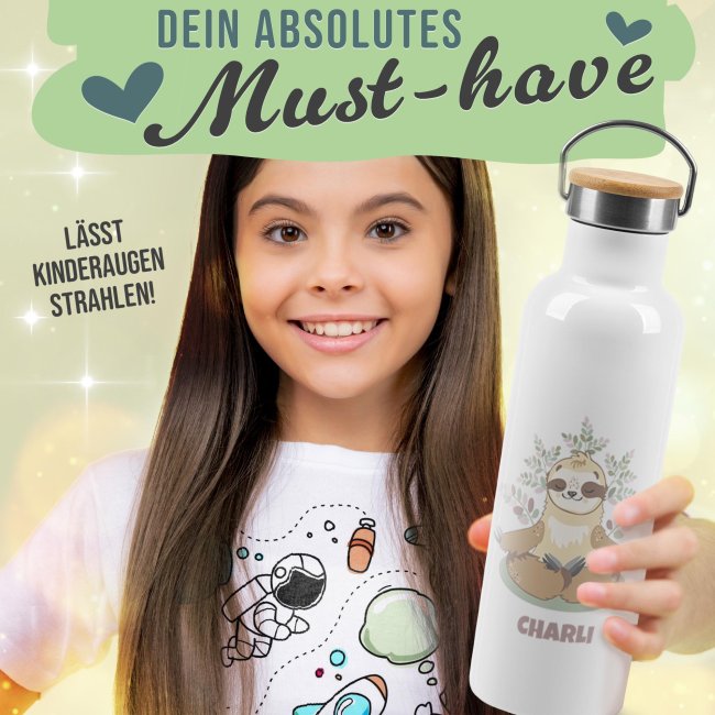 Trinkflasche mit Bambusdeckel - Faultier - mit Name - Wei&szlig; 750 ml