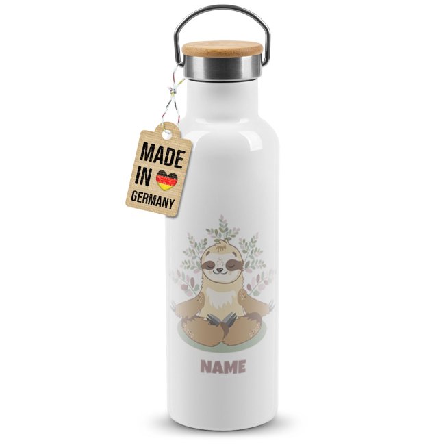 Trinkflasche mit Bambusdeckel - Faultier - mit Name - Wei&szlig; 750 ml