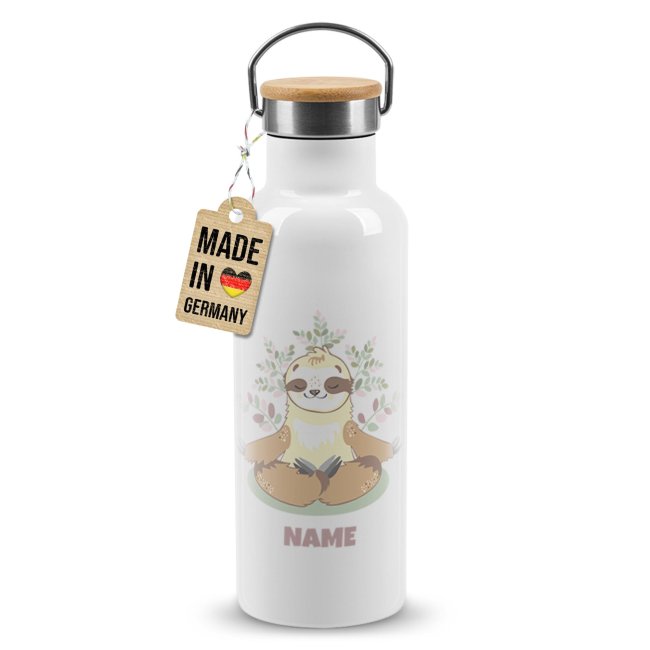 Trinkflasche mit Bambusdeckel - Faultier - mit Name - Wei&szlig; 500 ml