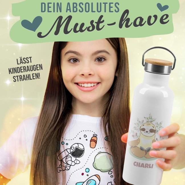 Trinkflasche mit Bambusdeckel - Faultier - mit Name - Wei&szlig; 500 ml