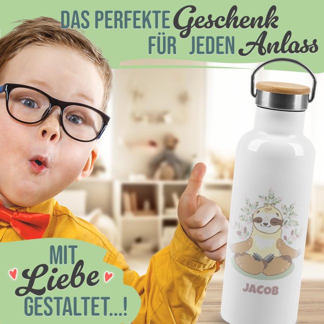 Trinkflasche mit Bambusdeckel - Faultier - mit Name - Wei&szlig; 500 ml