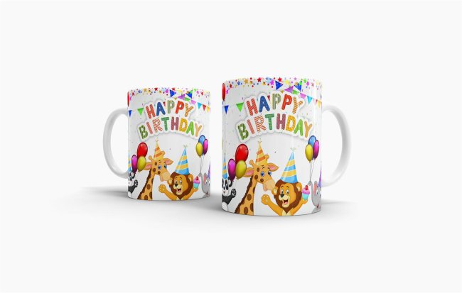 Tasse Happy Birthday Panda, Giraffe, L&ouml;we &amp; Elefant