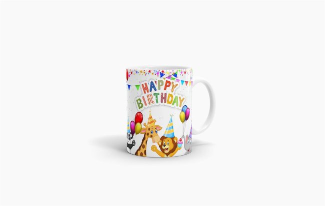 Tasse Happy Birthday Panda, Giraffe, Löwe & Elefant