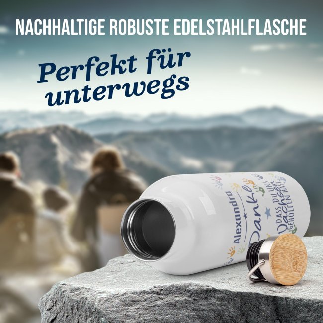 Trinkflasche mit Bambusdeckel - Danke, dass du uns geholfen hast - Erzieher - mit Name -
