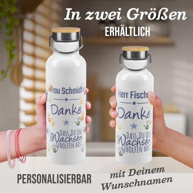 Trinkflasche mit Bambusdeckel - Danke, dass du uns geholfen hast - Erzieher - mit Name -