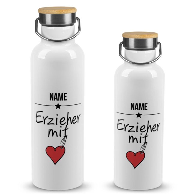 Trinkflasche mit Bambusdeckel - Erzieher mit Herz - mit Name