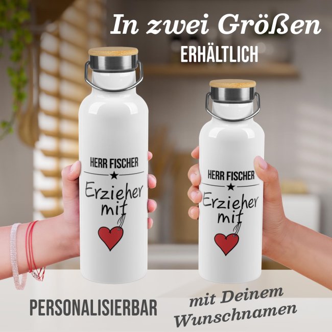 Trinkflasche mit Bambusdeckel - Erzieher mit Herz - mit Name