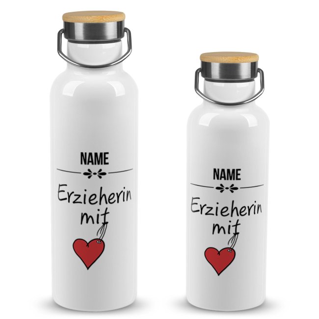 Trinkflasche mit Bambusdeckel - Erzieherin mit Herz - mit Name