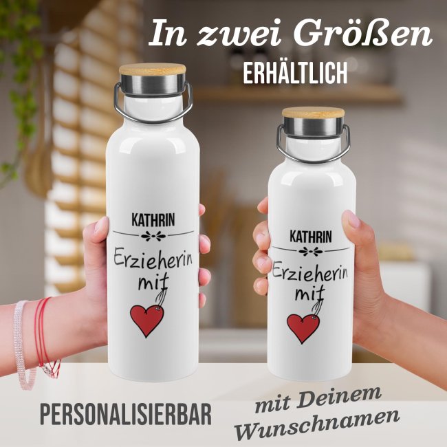 Trinkflasche mit Bambusdeckel - Erzieherin mit Herz - mit Name