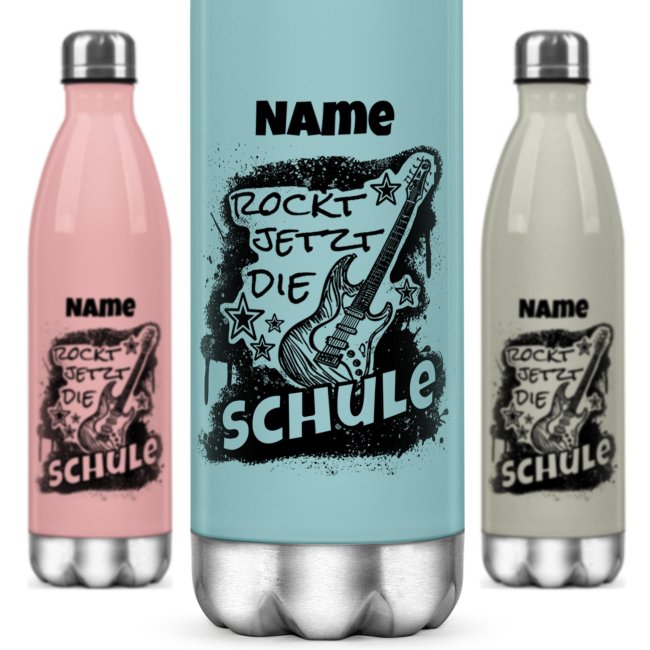 Farbige Edelstahl-Trinkflasche - Rockt die Schule - mit Name - 4 Farben