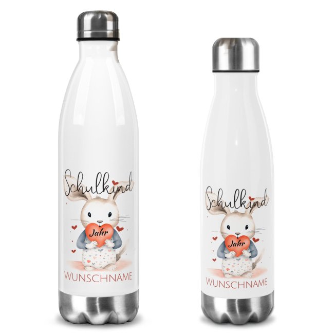 Wei&szlig;e Edelstahl-Trinkflasche - Schulkind Hase - mit Name &amp; Jahr - 2 Gr&ouml;&szlig;en