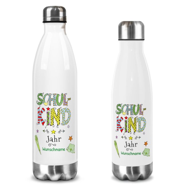 Wei&szlig;e Edelstahl-Trinkflasche - Schulkind Junge - mit Name &amp; Jahr - 2 Gr&ouml;&szlig;en