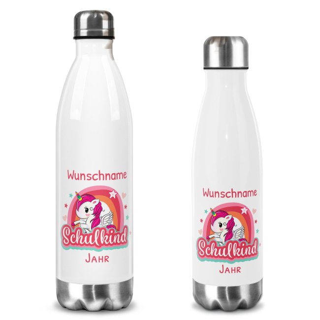 Wei&szlig;e Edelstahl-Trinkflasche - Schulkind Einhorn - mit Name &amp; Jahr - 2 Gr&ouml;&szlig;en