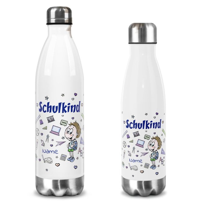 Wei&szlig;e Edelstahl-Trinkflasche - Schulkind Junge - mit Name - 2 Gr&ouml;&szlig;en